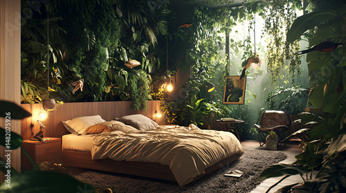 A modern bedroom overrun by lush jungle plants, vines hanging from the ceiling, exotic birds perched on lamps photo