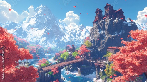 Majestic mountain landscape with autumn trees and traditional asian architecture