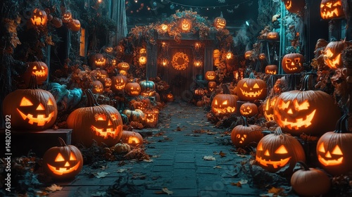 Glowing jack-o'-lanterns illuminate spooky halloween alley at night