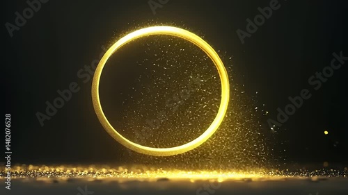 A golden ring levitates above a sparkling surface