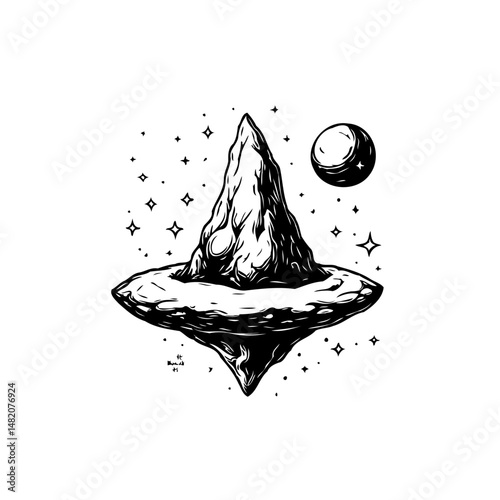 Mystical floating island with celestial sphere and starry elements illustration