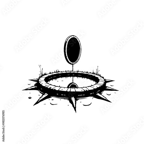 Monochrome illustration of a spiked circular structure with a central mirrored disc