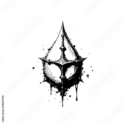 Intricate dark emblem design with droplet effect, suggestive of fantasy realms