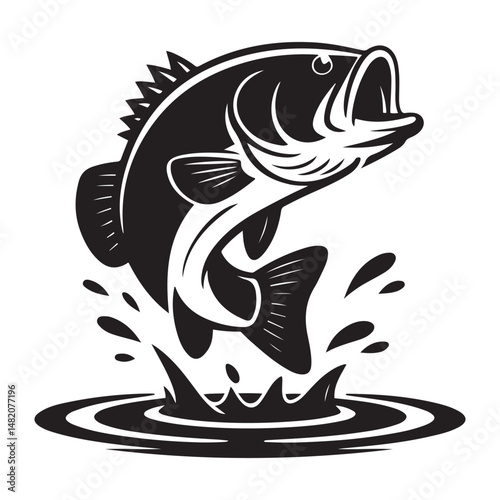 Striking illustration of a large mouth bass leaping up, Vector black silhouette. with white background