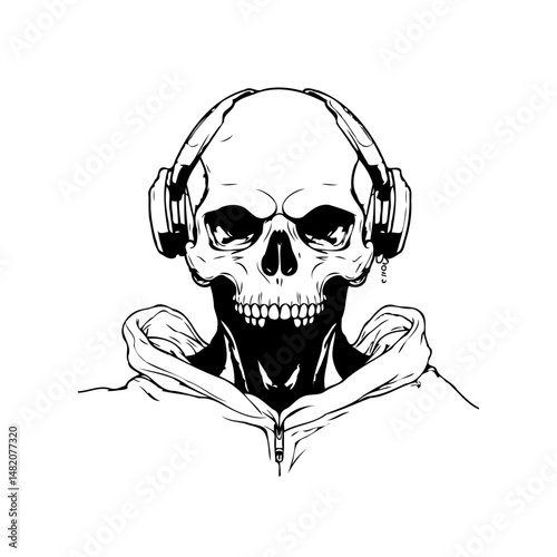 Stylized monochrome skull with headphones and hoodie in a modern illustration