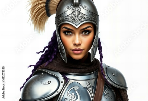 Featuring Woman wearing a battle-ready crusader armor.