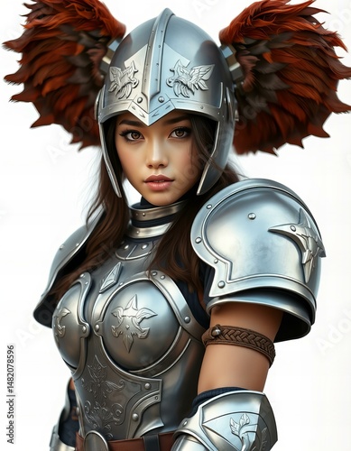 Featuring Woman wearing a battle-ready crusader armor.