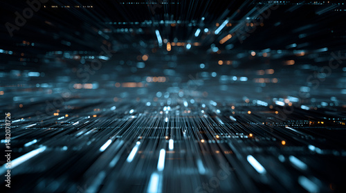 Abstract tech background with digital data streams, glowing lines, and futuristic interface elements