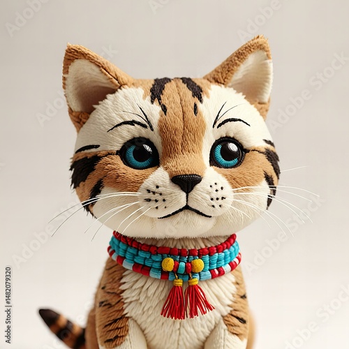 Cute cat, fabric plush toy, minimalistic model, isolated on white background.