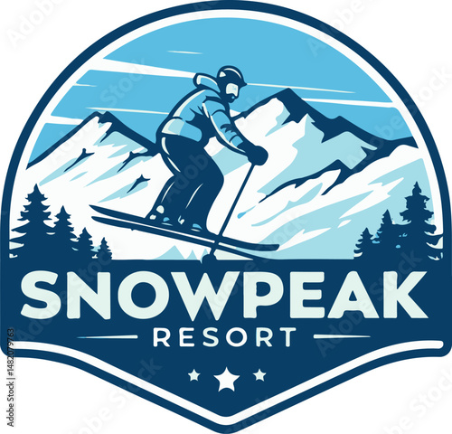 Ski Resort Emblem with Skier and Mountains
