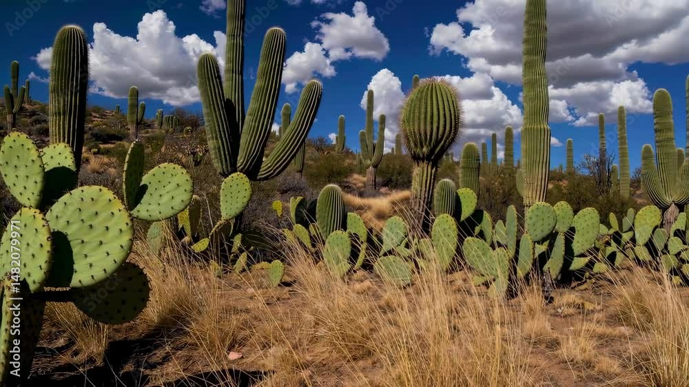 Cactus plants in arid desert landscape under deep blue sky with clouds, spiny textures and dry terrain, botanical nature loop animation Cactus plants in arid desert landscape under deep blue sky with clouds, spiny textures and dry terrain, botanical nature loop animation