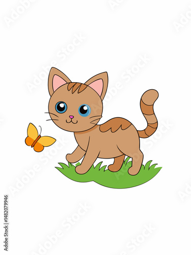 vector illustration of a playful kitten chasing a butterfly in a minimal meadow 