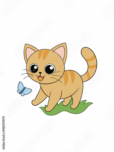 vector illustration of a playful kitten chasing a butterfly in a minimal meadow 