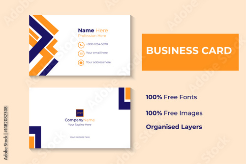MODERN doubled sided 3.5 inches and 2 inches business card templates orange and blue color, with clean , professional minimalist looks, visiting card with editable vector geometric design and layout.