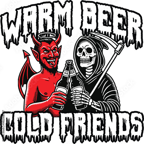 Warm Beer, Cold Friends Vector T-Shirt Design - Devil & Grim Reaper Illustration