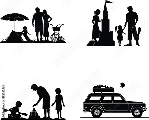 Family & Travel Activities Symbol Set Featuring Four Unique Scenes: A Child Playing Under a Beach Umbrella Near a Bicycle, A Child Holding a Balloon Standing Next to Two Adults in Front of a Tall Buil photo