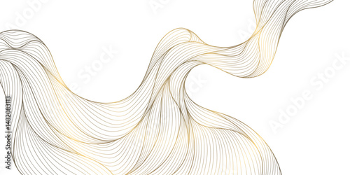 Vector golden line wave on white background. Abstract premium luxury elegant illustration, wavy Japanese ornament, flow water, ocean, organic shape pattern