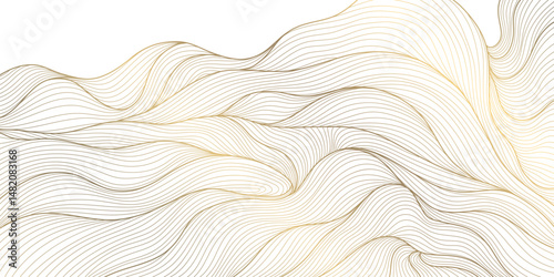 Vector golden line wave on white background. Abstract premium luxury elegant illustration, wavy Japanese ornament, flow water, ocean, organic shape pattern