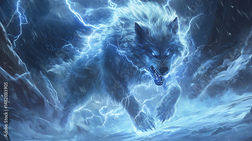 Thunderbolt electrifying a wolf in a snowy terrain, lightning reflecting off icy fur 