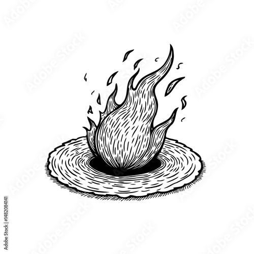 Monochrome artistic rendering of a stylized fire emanating from a circular platform