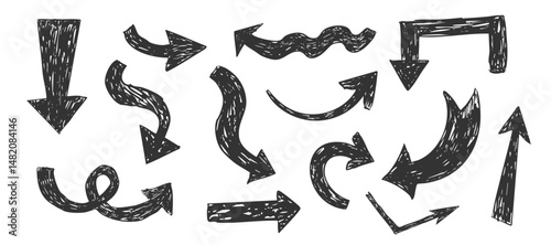 Thick arrow crayon or chalk drawing sketch grunge textured set. Different directions simple curve shape. Pencil, marker, pastel scribble
