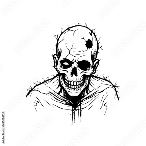 Monochrome rendering of a stylized skull with cracks and decaying texture