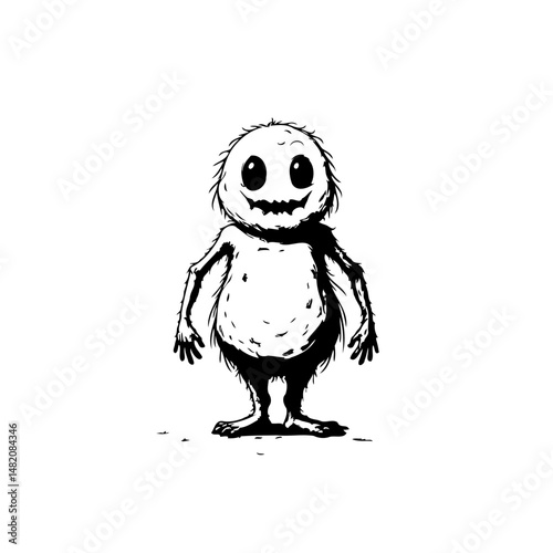 Whimsical monochrome character with expressive features against white backdrop