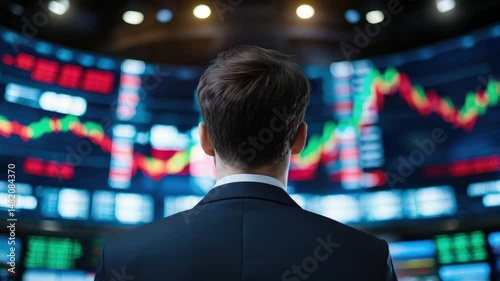 Businessman Observing Stock Market Trends on Digital Screen Display