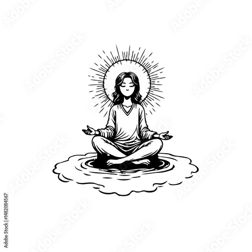 Ethereal serenity: a meditative figure bathed in radiant light's tranquil embrace