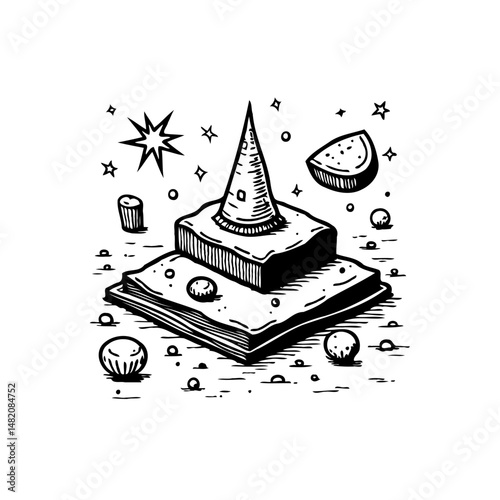 Stylized confection drawing with pyramidal element and cosmic surrounding sketch