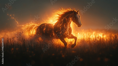 Strike of lightning on a wild horse rearing up, mane electrified and glowing in mid-air 