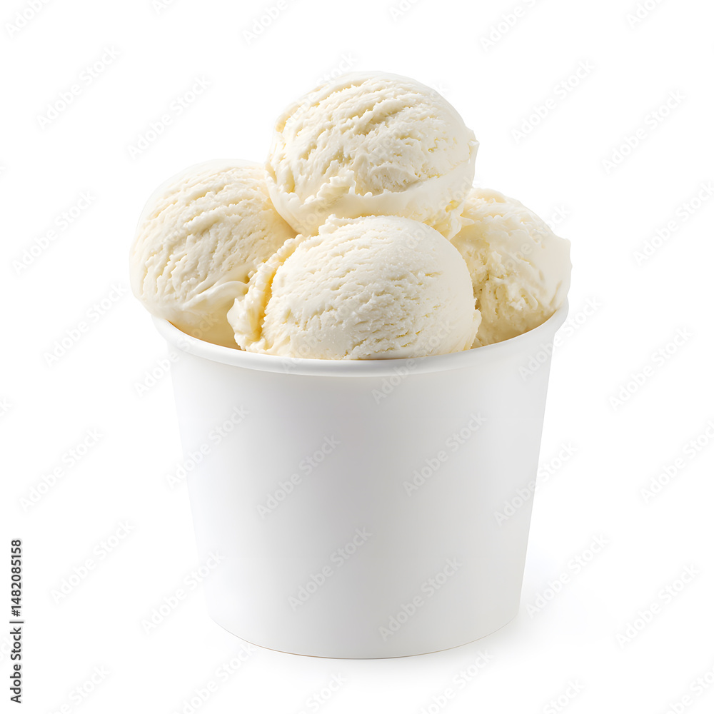 Scoops of vanilla ice cream in white paper cup isolated on white background Scoops of vanilla ice cream in white paper cup isolated on white background
