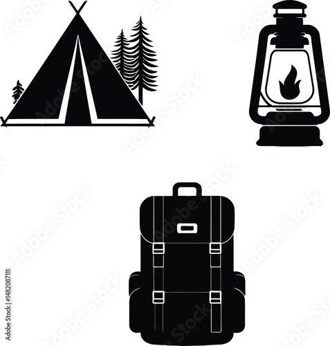 Camping Gear Silhouette Vectors - Tent, Lantern, Backpack
