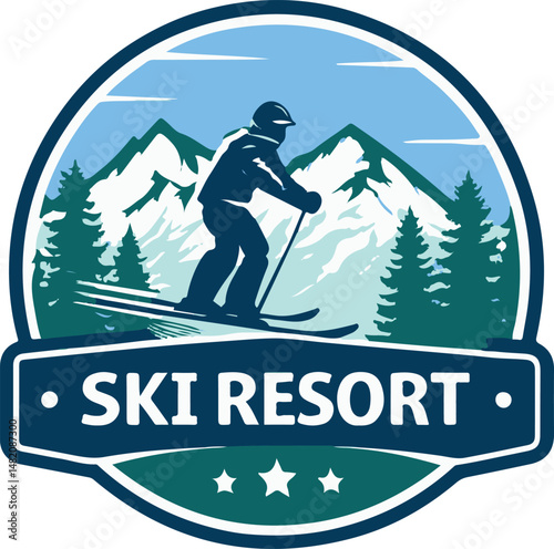 Ski Resort Emblem with Skier and Mountains

