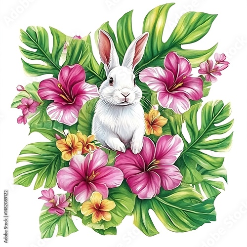 Enchanting illustration of a white rabbit nestled amidst tropical blooms