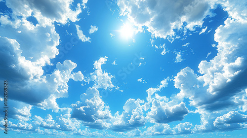 A vibrant, partly cloudy sky with a bright sun at the center.  Fluffy white clouds are scattered across a de