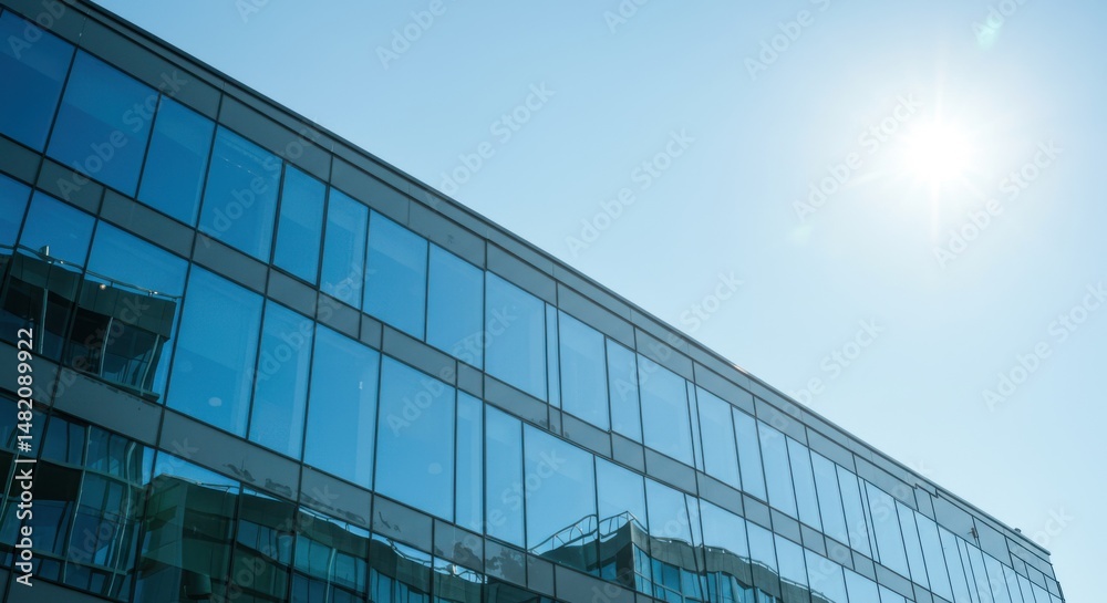 Obraz premium Modern building exterior reflecting sky and sunlight, glass facade architecture, urban skyline