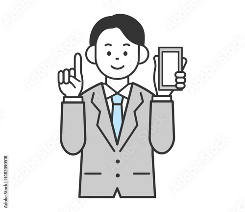 スマホをもって解説するビジネスマンのイラスト　ベクター
