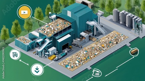 Waste processing facility showing material sorting and recycling.