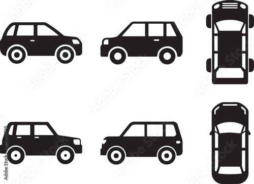 Sleek Six SUV Silhouettes Dual Side and Top Views for Dynamic Automotive Vector Design