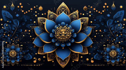 Luxurious blue lotus flower mandala design with gold details on a dark background.