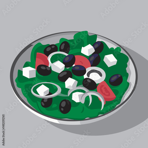 Fresh salad with feta cheese, olives, and vegetables in a bowl on a gray background
