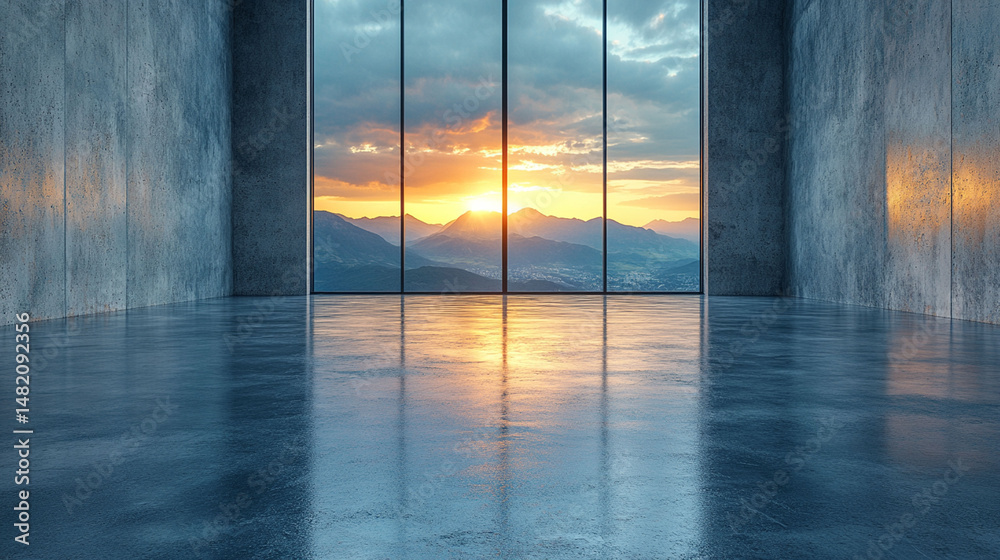 Fototapeta premium Empty modern space with panoramic mountain sunset views.