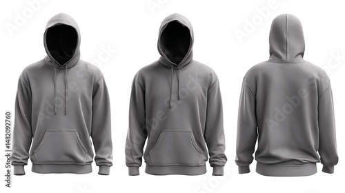 Grey hoodie template. Hoodie sweatshirt long sleeve with clipping path, hoody for design mockup for print, isolated on white background. .