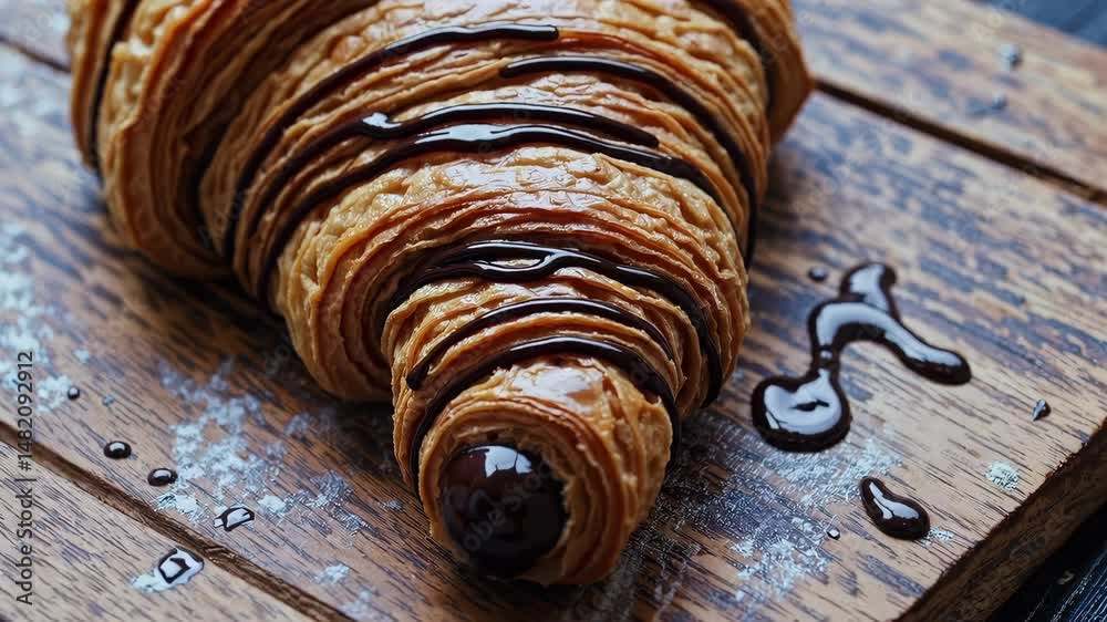 Close-up of flaky croissant drizzled with glossy chocolate syrup on rustic wooden surface, indulgent breakfast pastry concept with rich texture and warm lighting