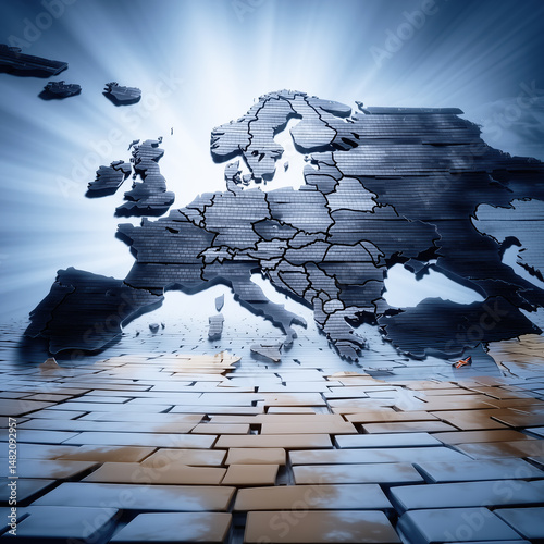 Textured map of Europe with cracks and light rays on a brick-like surface.