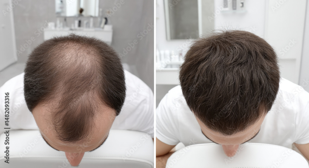 Fototapeta premium Before and after comparison of male hair restoration showing dramatic improvement in hair density, photographed in a clinical setting with a top-down perspective.