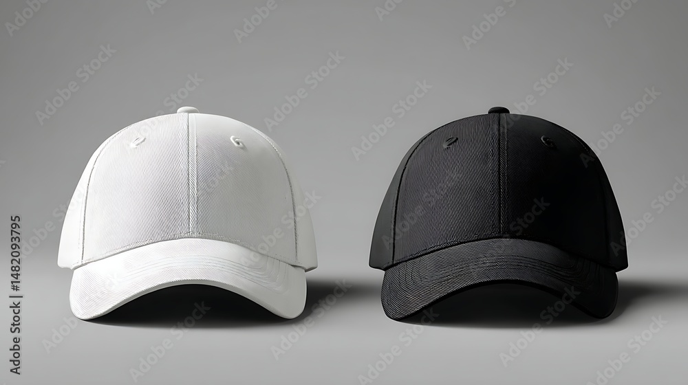 Obraz premium White and black baseball caps mockup on a grey background, front and back view. .