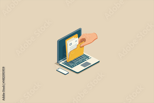 Flat vector illustration of a hand uploading a document into a yellow folder on a laptop screen. Represents file upload, digital storage, data transfer, or online document management.