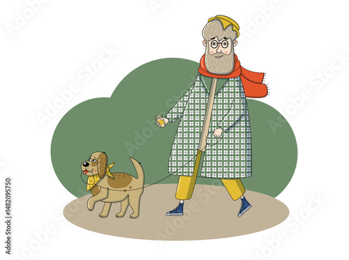 Vibrant Senior Living: Fashionable Walk with a Dog, a stylish elderly gentleman enjoying an energetic walk with his loyal canine companion. For age-friendly, active aging, Healthy Lifestyle concepts

